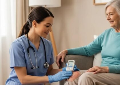 Healthcare professional providing in-home wound care to elderly patient, emphasizing comfort and expert medical attention.