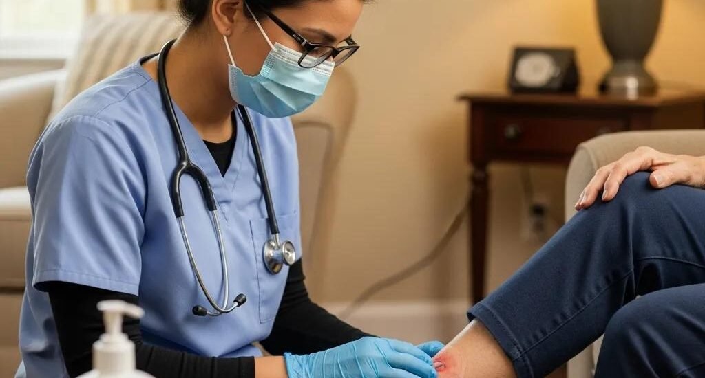 Mobile wound care specialist providing treatment to a patient's leg injury in a home setting, emphasizing patient comfort and professional care.
