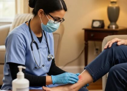 Healthcare professional providing in-home wound care treatment for a patient, focusing on effective healing and patient comfort, with medical supplies visible in a home setting.