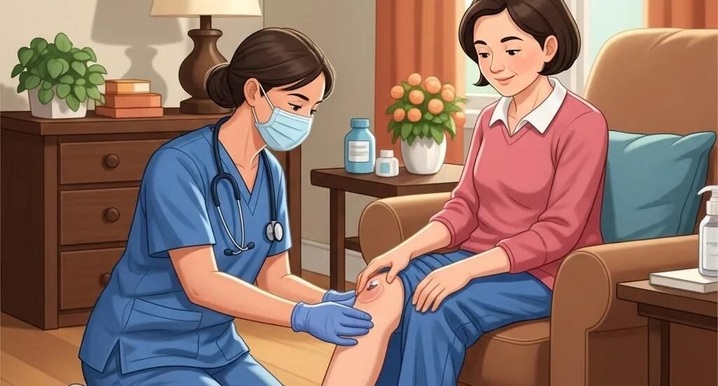 Healthcare professional providing at-home wound care to patient, focusing on chronic wound treatment in a comfortable living room setting.