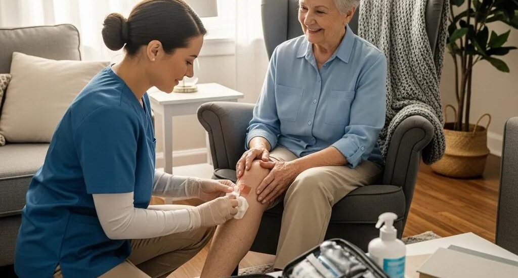 Healthcare professional providing mobile wound care to elderly patient in home setting, demonstrating personalized treatment and comfort.