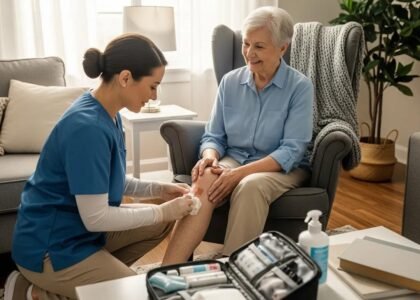 Healthcare professional providing mobile wound care to a patient at home, demonstrating proper dressing techniques for optimal healing and recovery.