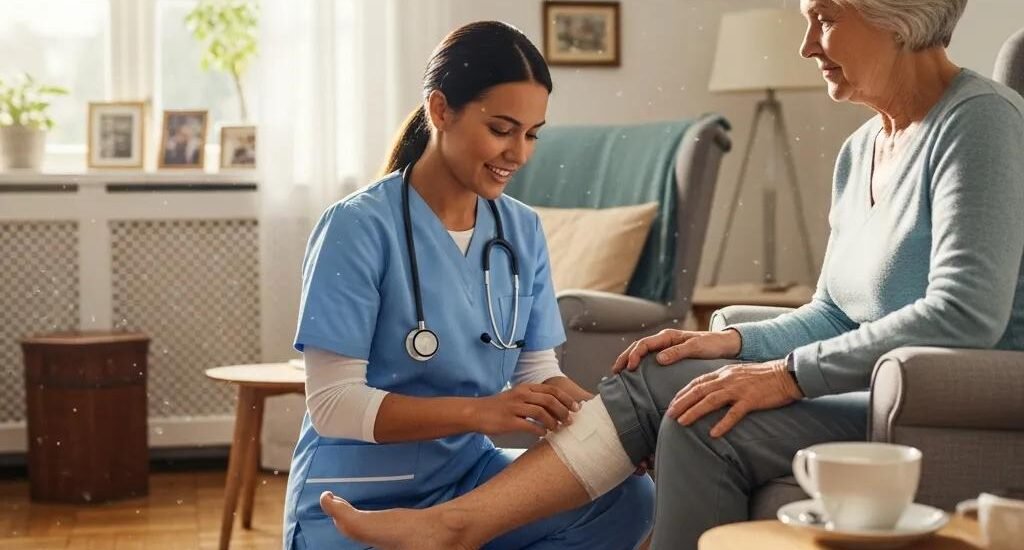 Healthcare professional providing mobile wound care to a patient in a home setting, emphasizing personalized treatment and healing support.