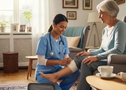 Healthcare professional providing mobile wound care to an elderly patient in a home setting, emphasizing personalized treatment and convenience for effective healing.
