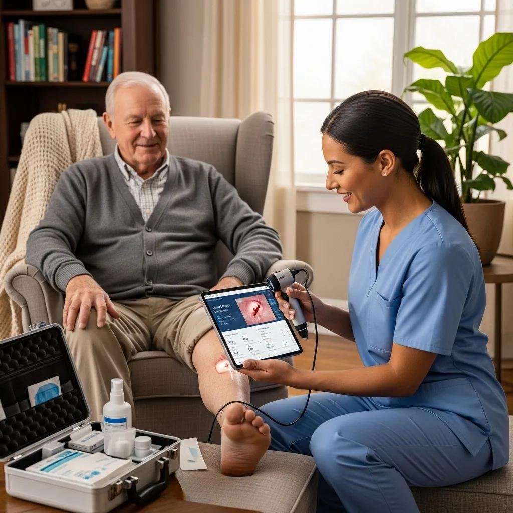 Healthcare professional providing mobile wound care treatment to an elderly patient at home, using a tablet to assess a leg wound, with medical supplies visible nearby, emphasizing convenience and infection prevention.