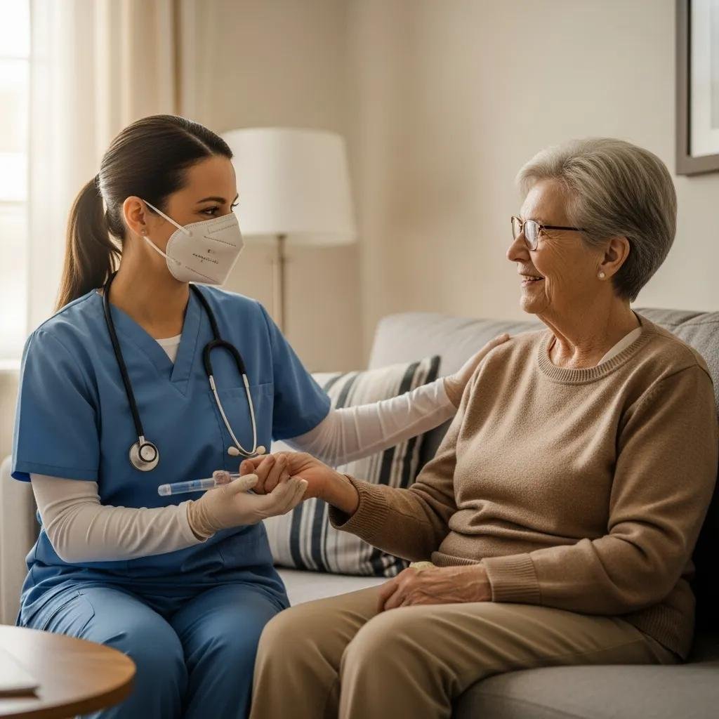 Nurse providing personalized mobile wound care to elderly patient in home setting, emphasizing comfort and emotional support during treatment.