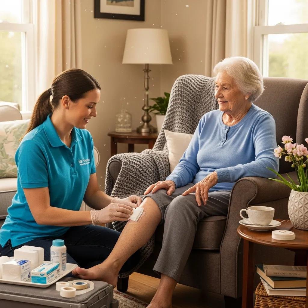 Mobile wound care specialist providing personalized treatment to an elderly patient at home, emphasizing comfort and accessibility in wound management.