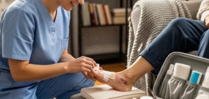 Healthcare professional providing in-home treatment for a diabetic foot ulcer, showcasing mobile wound care services by Healix360.