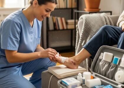 Healthcare professional providing in-home treatment for a diabetic foot ulcer, showcasing mobile wound care services by Healix360.