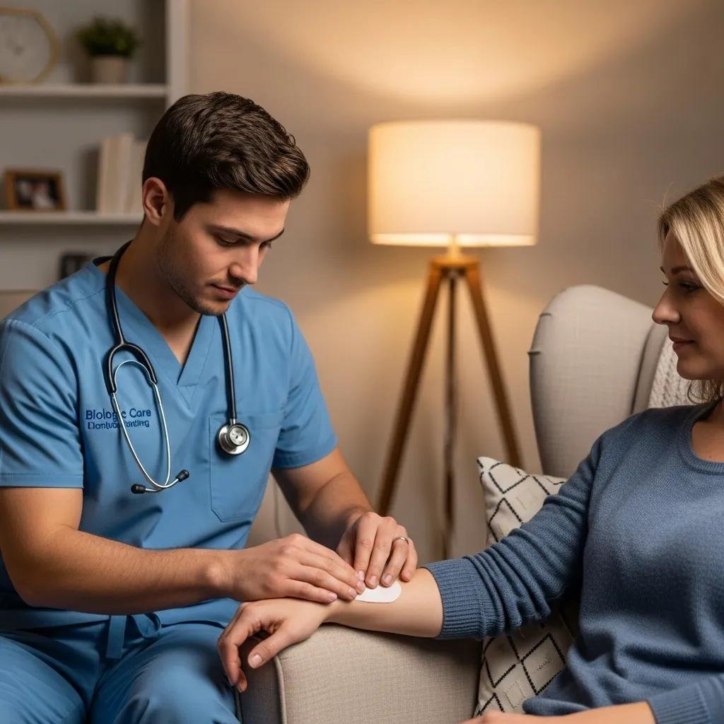 Mobile wound care specialist applying a biologic dressing to a patient's arm in a home setting, emphasizing personalized in-home treatment for chronic wounds.