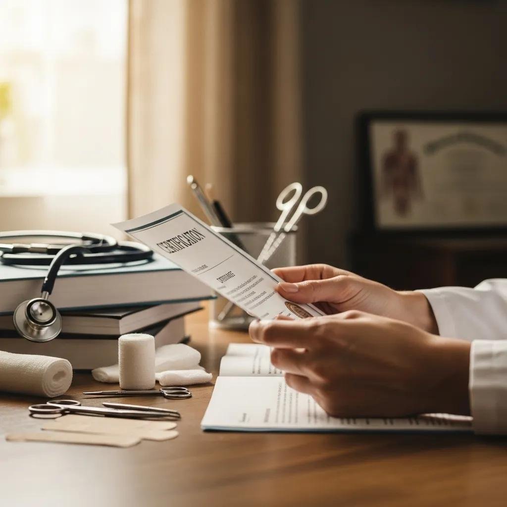 Mobile wound care specialist reviewing certification document, surrounded by medical tools like scissors, bandages, and a stethoscope, emphasizing qualifications and expertise in wound care.