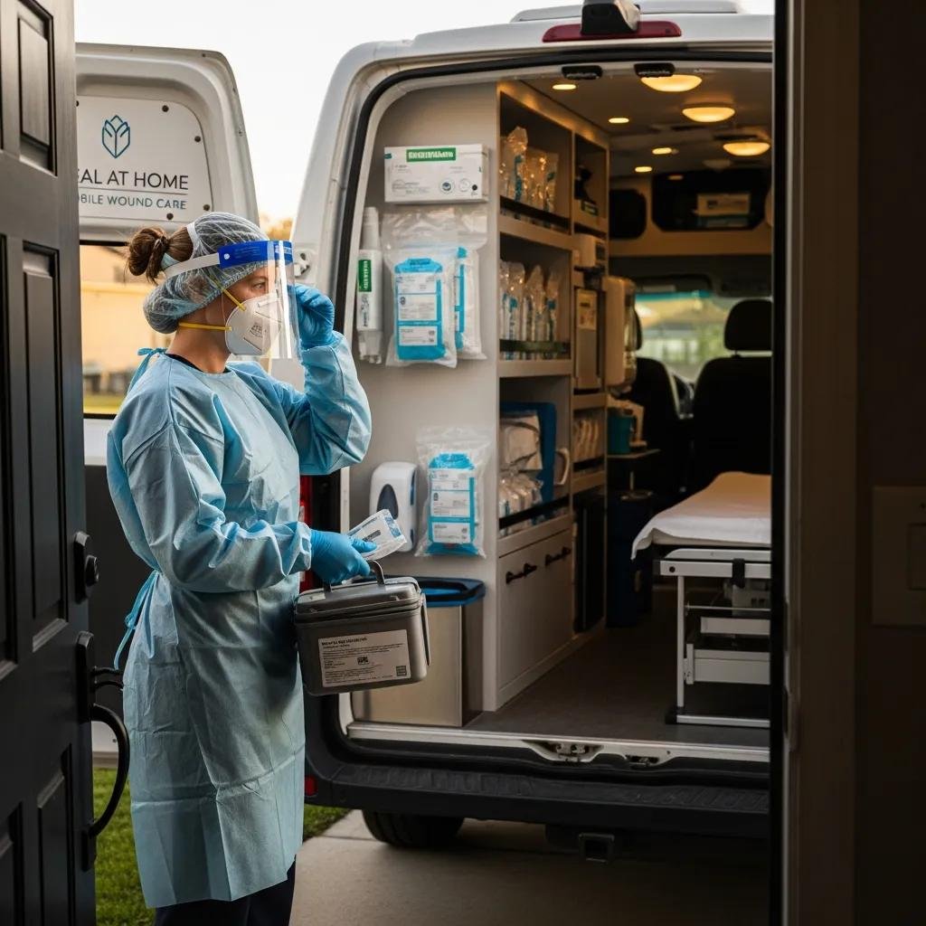 Healix360 clinician in PPE preparing for an in‑home wound care visit