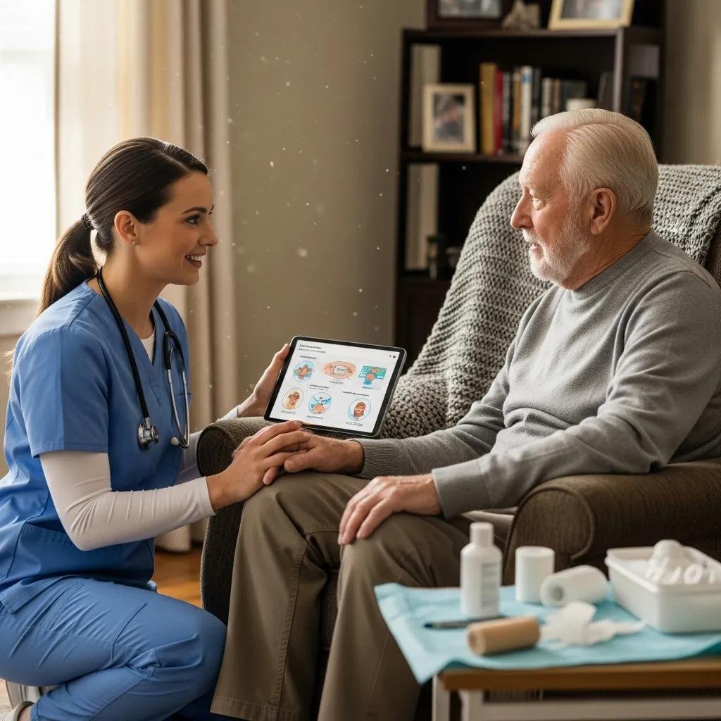 Mobile wound care clinician assessing a patient at home&mdash;personalized treatment and education