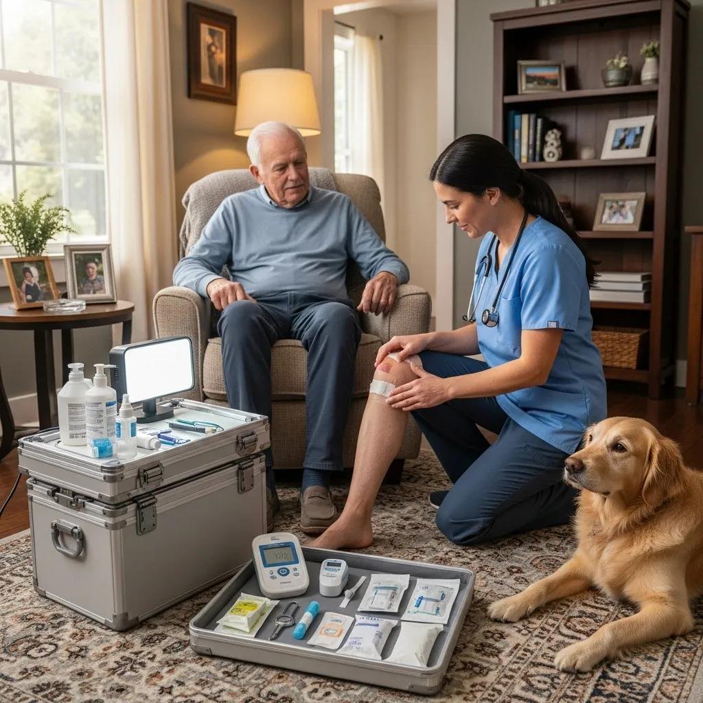 Mobile wound care clinician assessing and treating a patient in their home