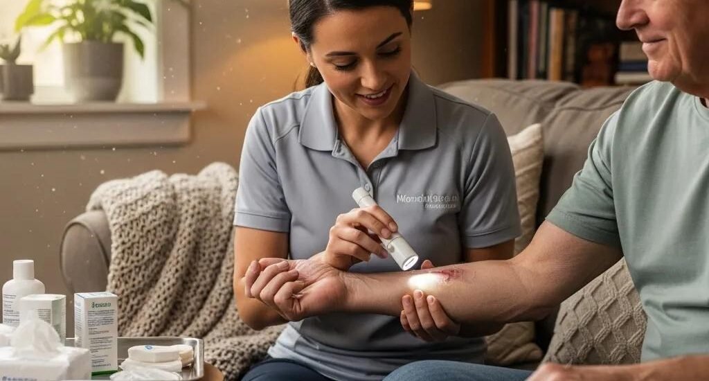 Mobile wound care specialist conducting at-home assessment on patient's arm, highlighting personalized care with wound treatment supplies in a cozy living room setting.
