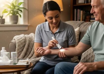 Mobile wound care specialist providing at-home assessment and treatment to a patient, emphasizing personalized care and effective wound management strategies.