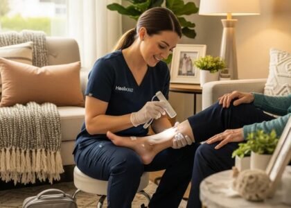 Mobile wound care specialist providing at-home treatment to a patient, highlighting personalized care and convenience in a comfortable living room setting.