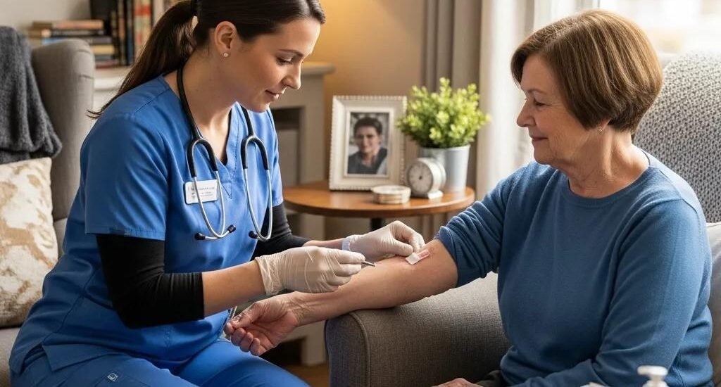 Mobile wound care specialist providing home treatment to a patient, emphasizing comfort and professionalism in a cozy living room setting.