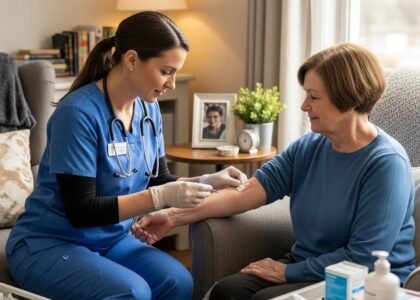 Mobile wound care specialist providing home care to a patient, emphasizing comfort and professionalism in a cozy living room setting.