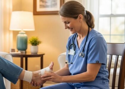 Mobile wound care specialist providing in-home treatment to a patient, emphasizing comfort and personalized care for chronic wound management.