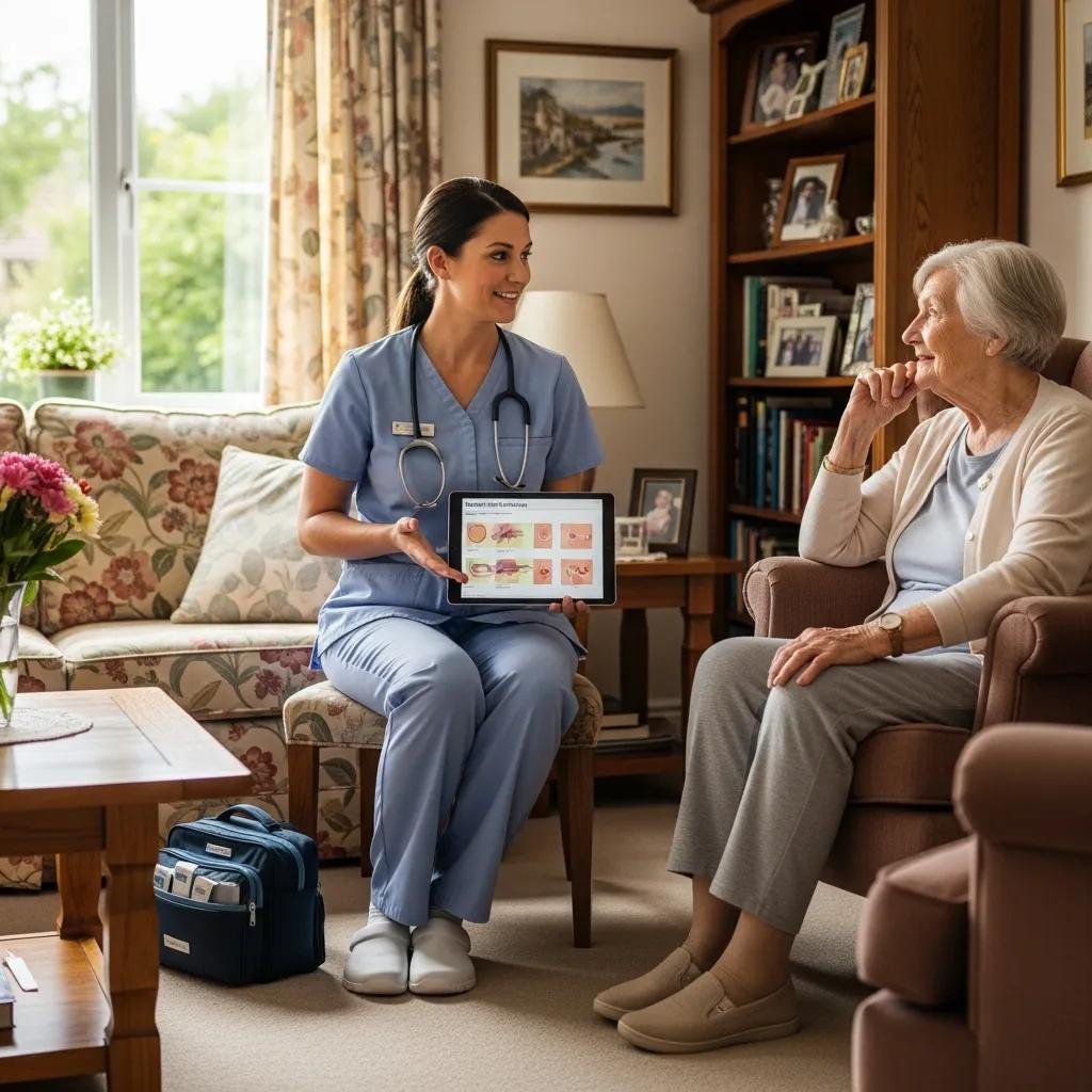 Mobile wound care specialist in scrubs providing personalized care to an elderly patient at home, discussing venous leg ulcer treatment options using a tablet.
