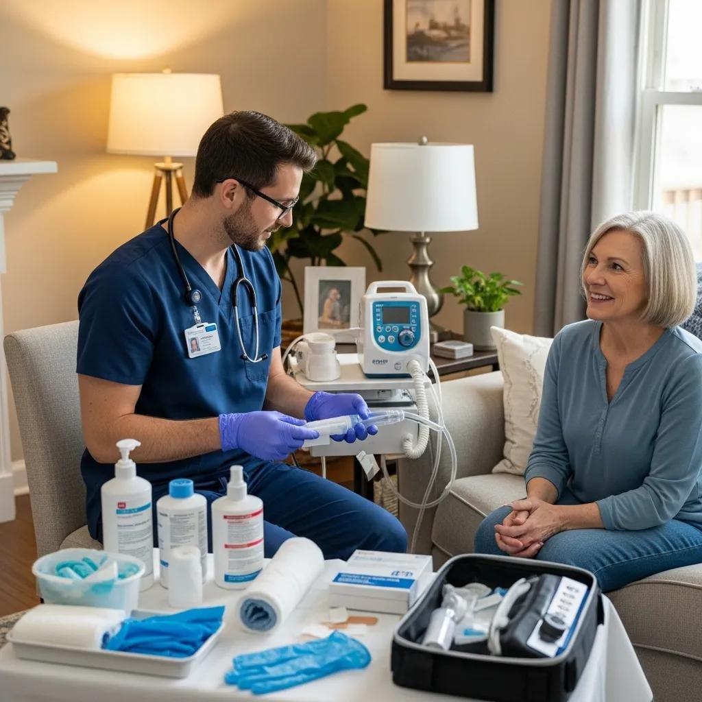Mobile wound care specialist providing personalized treatment to a patient at home, showcasing accessibility and care with medical supplies and equipment visible.
