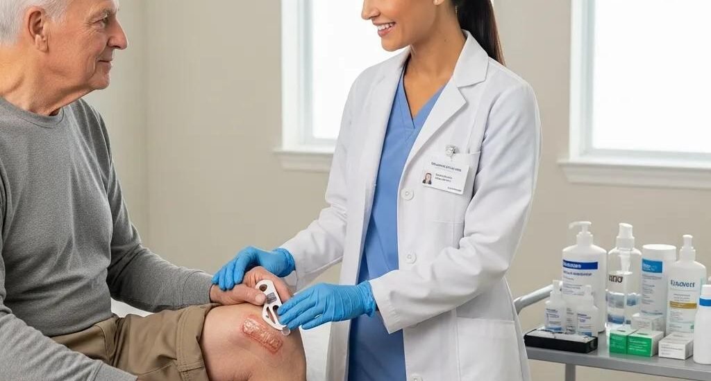 Mobile wound care specialist treating a patient's knee wound, showcasing professional care and advanced treatment methods, with medical supplies visible in the background.