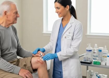 Mobile wound care specialist providing treatment to an elderly patient, highlighting professional care and wound management techniques.