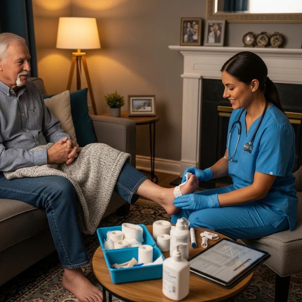 Mobile wound care specialist providing treatment to diabetic patient at home, focusing on foot wound care with medical supplies and a tablet nearby.