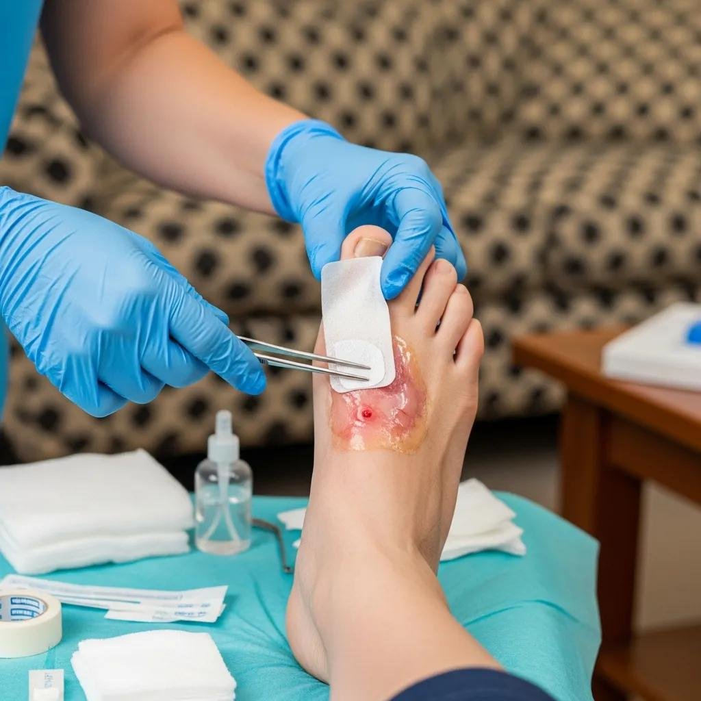 Mobile wound care specialist treating a diabetic foot ulcer at home, using tweezers to apply a dressing on an injured foot, with medical supplies visible on a table.