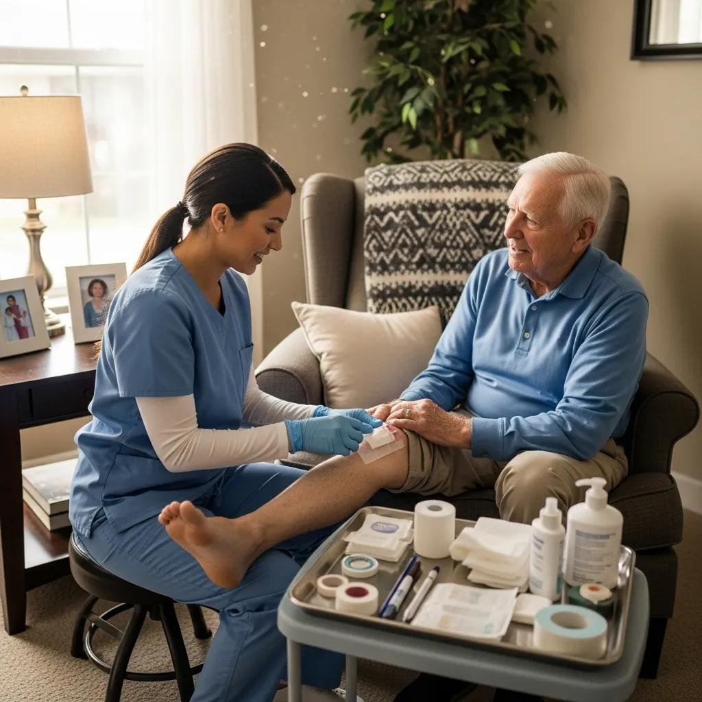 Mobile wound care specialist treating elderly patient at home, applying bandage to leg wound, with medical supplies on table, emphasizing comfort and personalized care in home health settings.