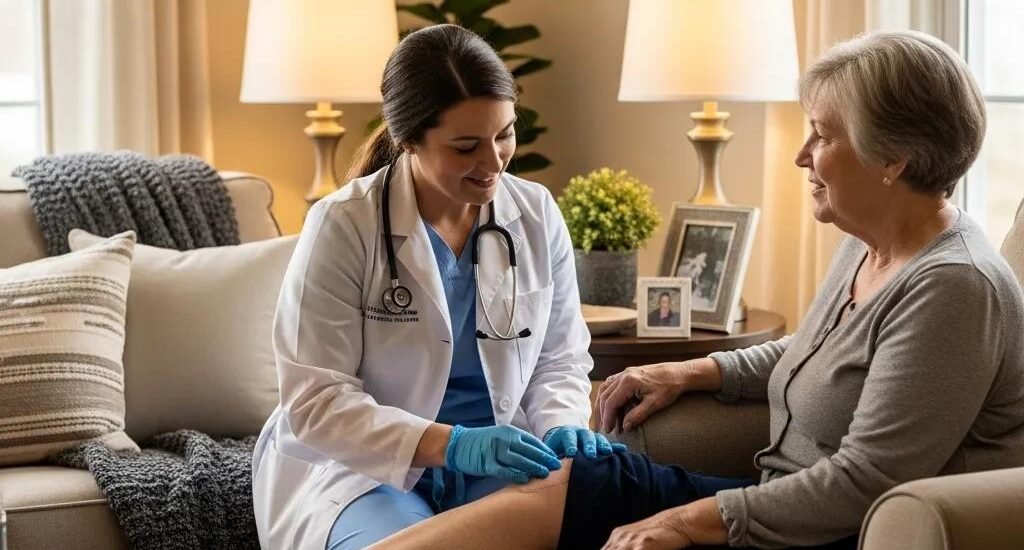 Mobile wound care specialist providing personalized treatment to a senior patient at home, emphasizing comfort and expert care.