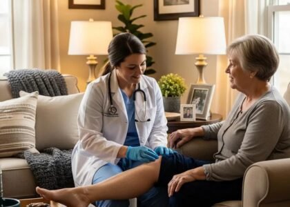 Mobile wound care specialist providing personalized treatment to a patient at home, emphasizing comfort and expert care for optimal healing.