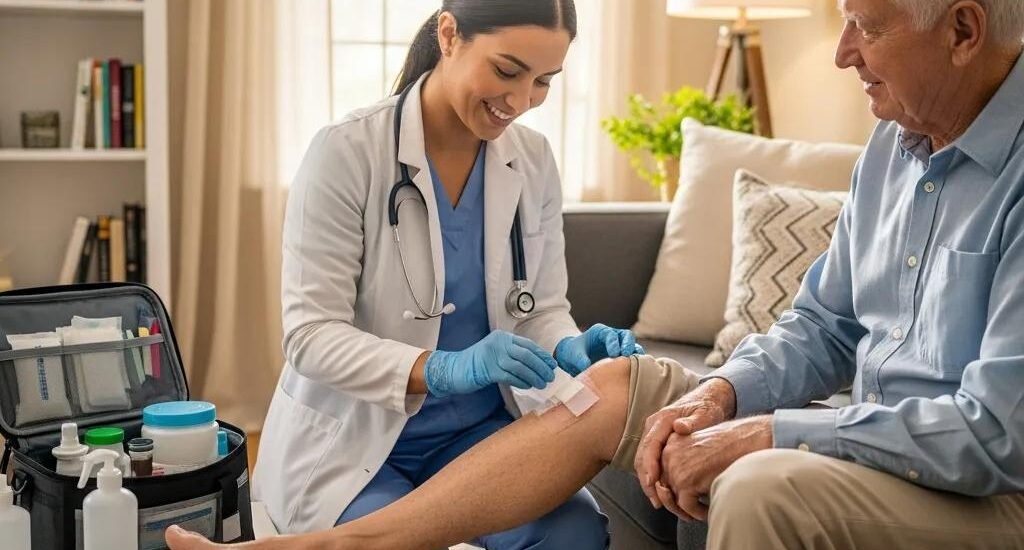 Mobile wound care specialist applying treatment to an elderly patient's leg at home, highlighting personalized care and convenience in a comfortable living room setting.