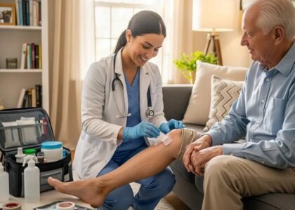 Mobile wound care specialist providing personalized treatment to elderly patient at home, showcasing convenience and expert care for effective recovery.