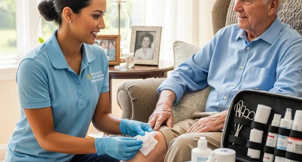 Mobile wound care specialist treating a patient at home, highlighting convenience and personalized care