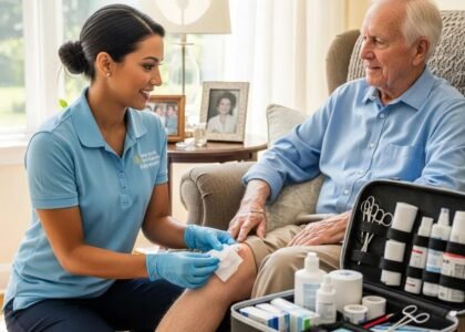 Mobile wound care specialist providing personalized treatment to an elderly patient at home, showcasing convenience and advanced care solutions.