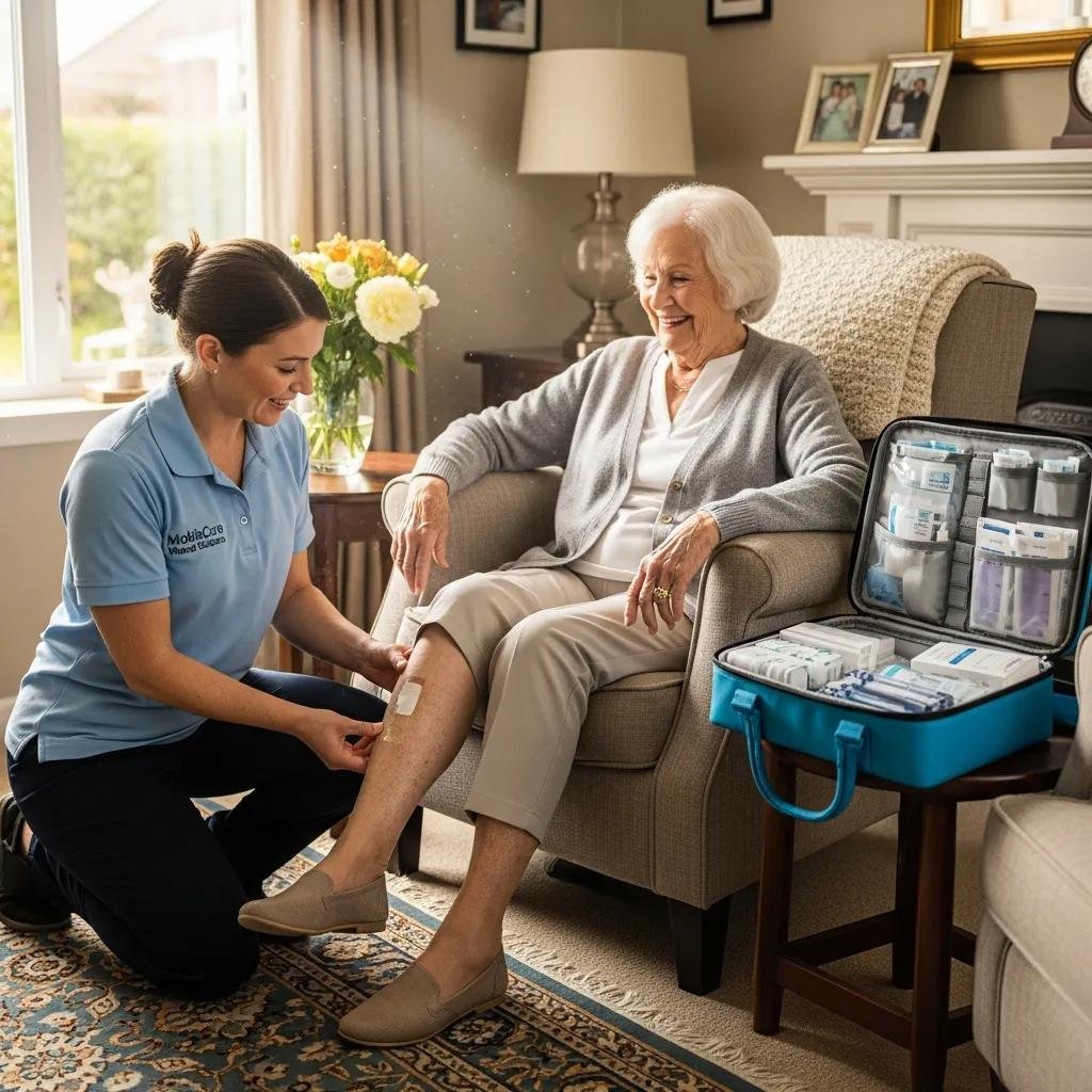 Mobile wound care clinician providing treatment to elderly patient at home, emphasizing patient comfort and accessibility, with a medical supply kit visible.