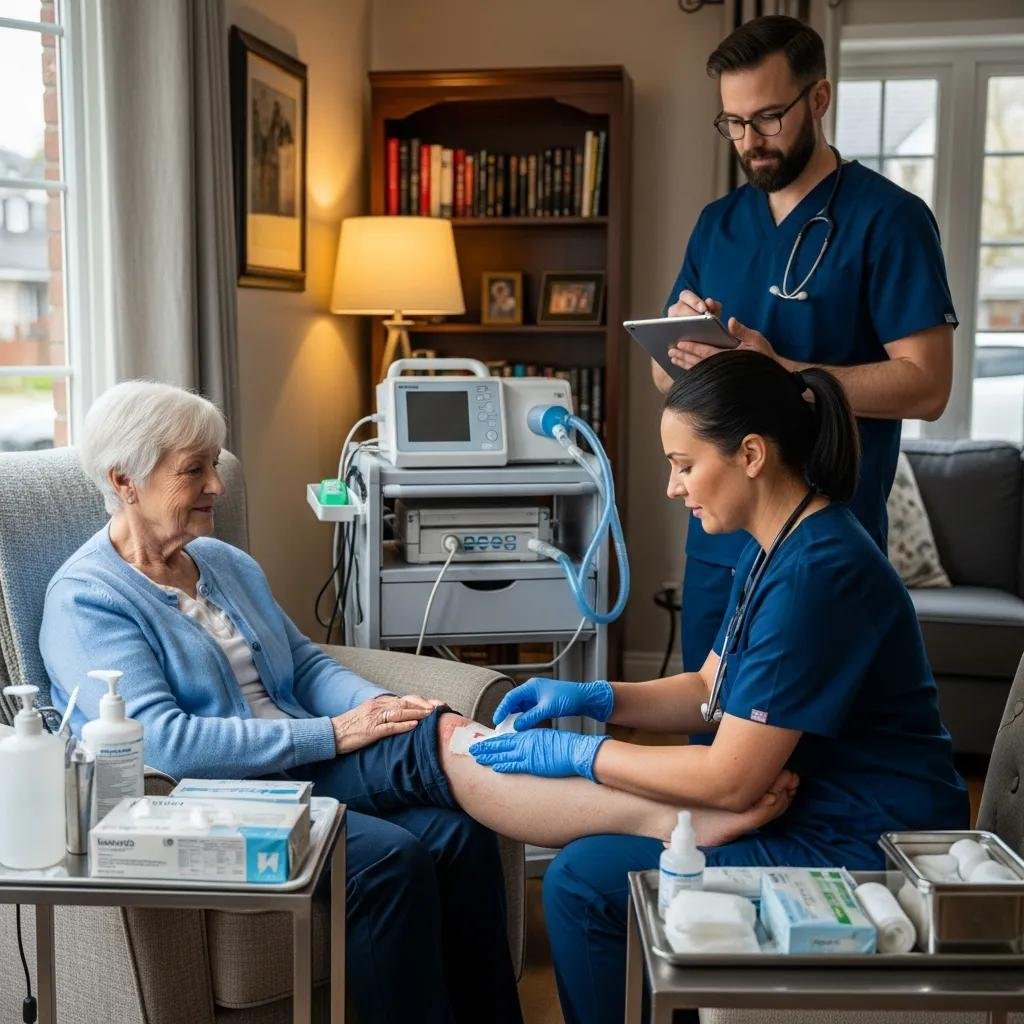 Mobile wound care team providing treatment to a patient in their home, emphasizing convenience and specialized care for chronic venous leg ulcers.