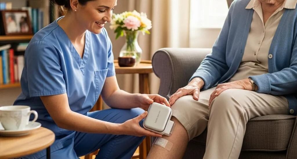 Mobile wound care technology in a home setting with a healthcare professional assisting a patient