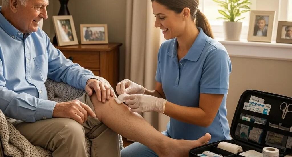 Healthcare professional providing mobile wound care treatment to an elderly patient in a home setting, focusing on leg wound care with medical supplies visible.
