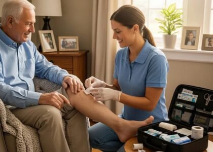 Healthcare professional providing mobile wound care treatment to an elderly patient at home, showcasing personalized care and healing solutions.