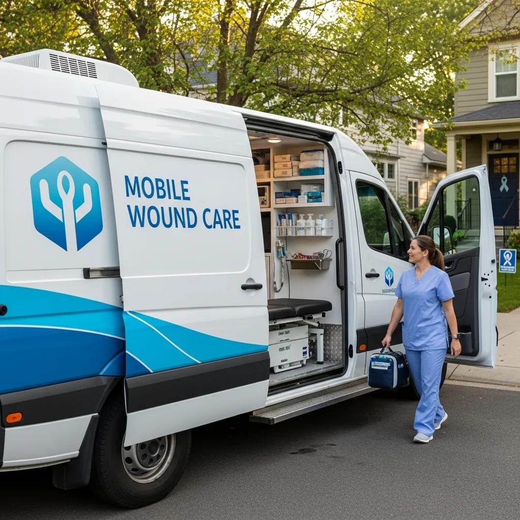 Mobile wound care van with healthcare professional, equipped for diabetic foot ulcer treatment, parked in residential area, showcasing accessible home healthcare services.