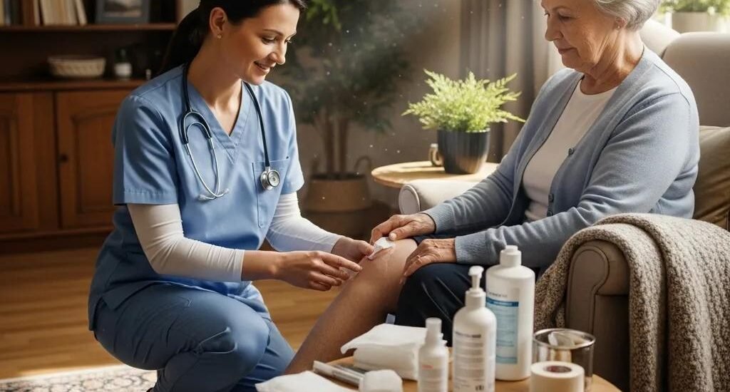 Healthcare professional providing mobile wound care to elderly patient at home, with medical supplies and a comforting environment.
