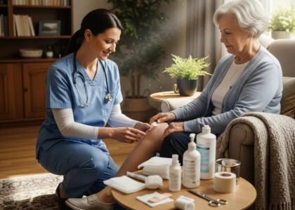 Healthcare professional providing mobile wound care treatment to an elderly patient at home, featuring medical supplies on a table, emphasizing comfort and personalized care.