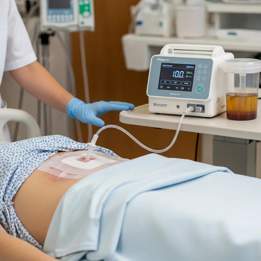 Negative pressure wound therapy device applied to a patient's abdominal wound in a clinical setting, with a healthcare professional adjusting the equipment.