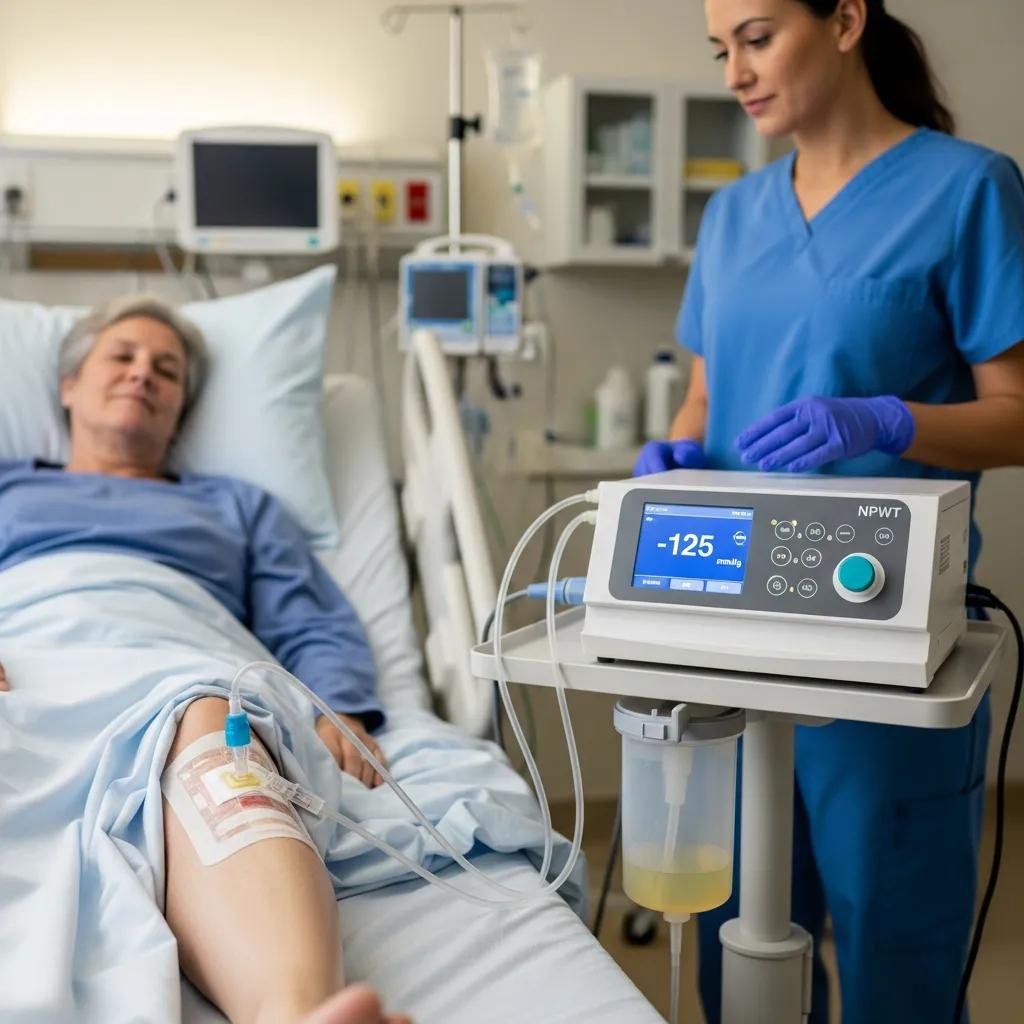 Patient receiving negative pressure wound therapy (NPWT) treatment in a clinical setting, with a healthcare provider monitoring the device displaying suction levels for advanced wound care management.
