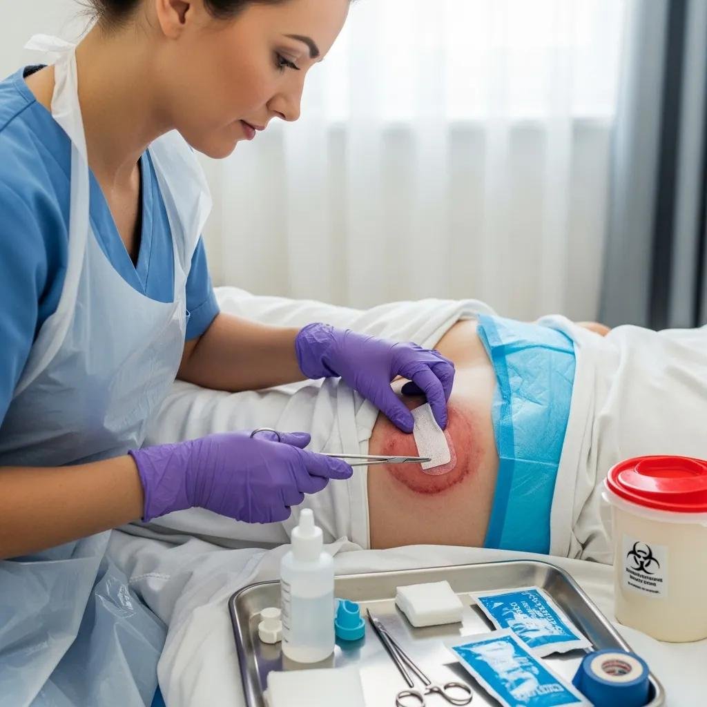 Nurse performing wound care on a pressure ulcer, using advanced treatment methods and sterile supplies, highlighting mobile wound care for bedridden patients.