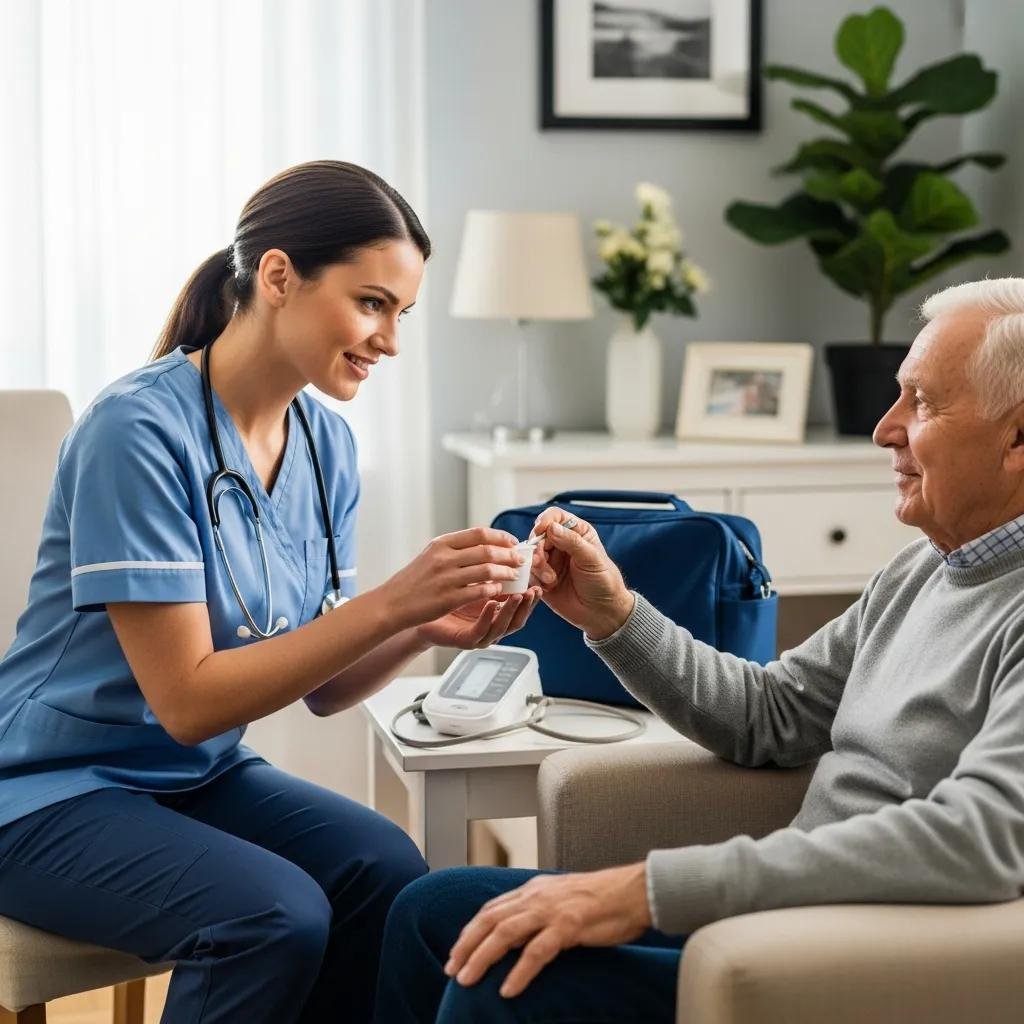 Nurse providing skilled nursing care to a patient at home, showcasing specialized medical services