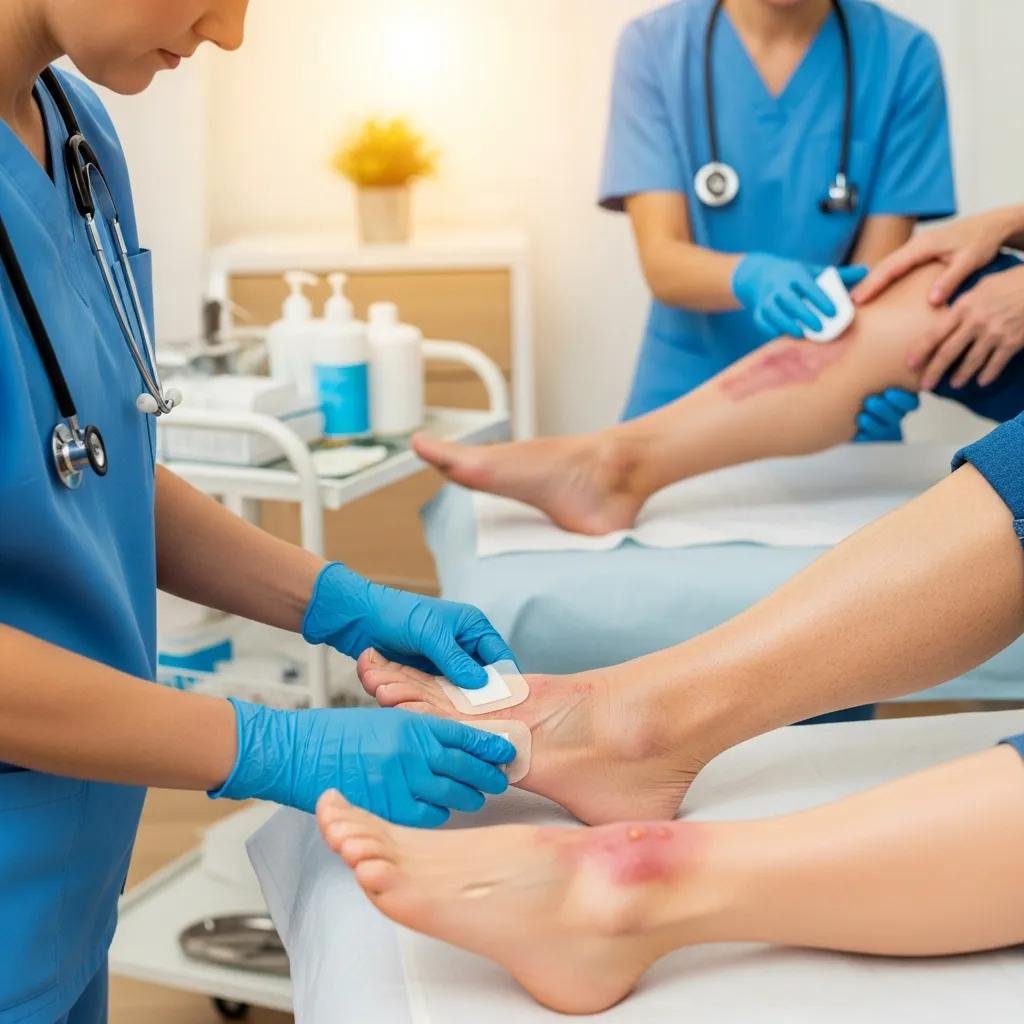 Nurse providing wound care treatment for chronic wounds, including diabetic foot ulcers and pressure sores, in a home setting with medical supplies visible.